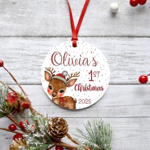 Personalized Baby Girl First Christmas Metal Ornament, Cute Reindeer with Snowy Dots, 1st XMas, Holiday Tree Decoration, Name Gift