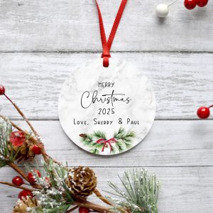 Personalized Merry Christmas Metal Ornament, Holiday Greenery, Custom Message, Holiday Tree Decoration, Name Keepsake Gift