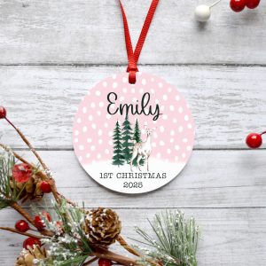 Personalized Baby Girl First Christmas Metal Ornament, Deer and Trees in Snow, Crisp Print, 1st XMas, Holiday Tree Decoration, Name Gift
