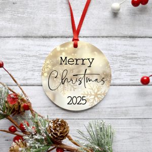 Personalized Merry Christmas Metal Ornament, Gold Glitter Pattern Snowflakes, Custom Message, Holiday Tree Decoration, Name Keepsake Gift