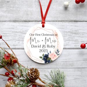 Personalized First Christmas as Mr. & Mrs. Metal Ornament, Blue Navy Rose Gold Accents, Holiday Tree Decoration, Name Keepsake Gift