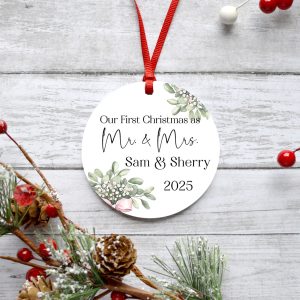 Personalized First Christmas as Mr. & Mrs. Metal Ornament, Greenery Bouquet with Pink Accents, Holiday Tree Decoration, Name Keepsake Gift