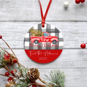 Personalized Red Truck Merry Christmas Metal Ornament, Black Buffalo Check, Custom Message, Holiday Tree Decoration Name Keepsake Gift