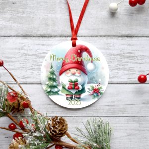 Personalized Gnome Christmas Metal Ornament, Cute Gnome Presenting a Gift, XMas Decor, Holiday Tree Decoration, Personalized Message Option