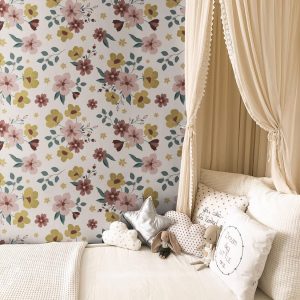 Mauve Pink Mustard Floral Wallpaper, Peel and Stick Removable, Unpasted Prepasted Traditional Option, Boho Floral