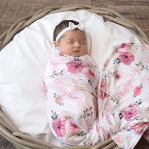 Swaddle Blanket Girl, Personalized Name Swaddle for Baby Girl, Floral Swaddle Blanket with Name, Swaddle and Bow Headband