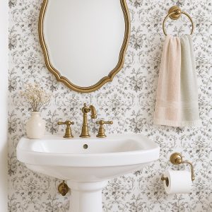 Neutral Beige Gray Damask Floral Wallpaper Peel and Stick Vintage Cottage Wall Decor Removable Bathroom Farmhouse Style Covering Greige