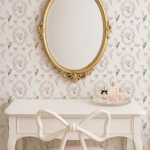 Coquette Floral Bow Wallpaper Peel and Stick, Vintage Rose Butterfly Wall Mural, Cottagecore Nursery Decor, Soft Feminine Pattern
