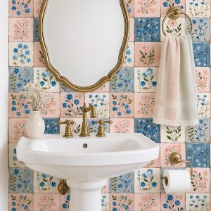 Peach Pink Blue Floral Tile Wallpaper Peel and Stick, Vintage Cottagecore Ceramic Style, Removable or Permanent Wall Art