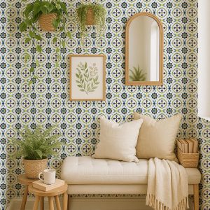 Blue Green Yellow Watercolor Moroccan Tile Pattern Wallpaper, Mediterranian Azulejo Style, Peel and Stick Removable, Bathroom, Kitchen Decor
