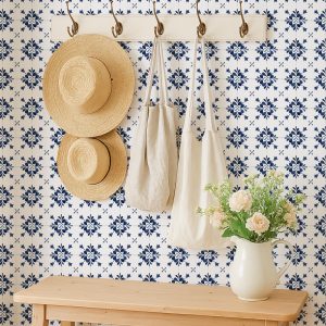 Navy Blue Watercolor Moroccan Tile Pattern Wallpaper, Mediterranian Azulejo Style, Peel and Stick Removable, Bathroom, Kitchen Decor