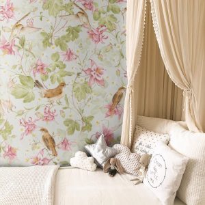Pink and Green Floral Bird Wallpaper, Peel and Stick, Botanical Mural for Nursery Bedroom, Cottagecore Wall Decor Boho Girl Botanical Floral