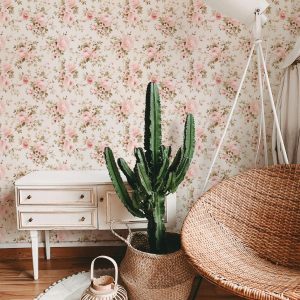 Pink Watercolor Vintage Rose Wallpaper, Peel and Stick Removable, Elegant Shabby Chic, Coquette Grandmillennial, Traditional Floral
