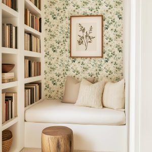 Green Ivory Floral Wallpaper Peel and Stick, Cottagecore Wall Art for Any Room, Pressed Leaf Botanical