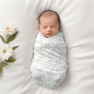Soft Green Leaves Personalized Swaddle Blanket, Gender Neutral Leaf Design, Headband, Hat, Blankets, New Baby Gift, Hospital Newborn Photos