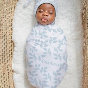 Soft Blue Leaves Personalized Swaddle Blanket, Gender Neutral Leaf Design, Headband, Hat, Blankets, New Baby Gift, Hospital Newborn Photos