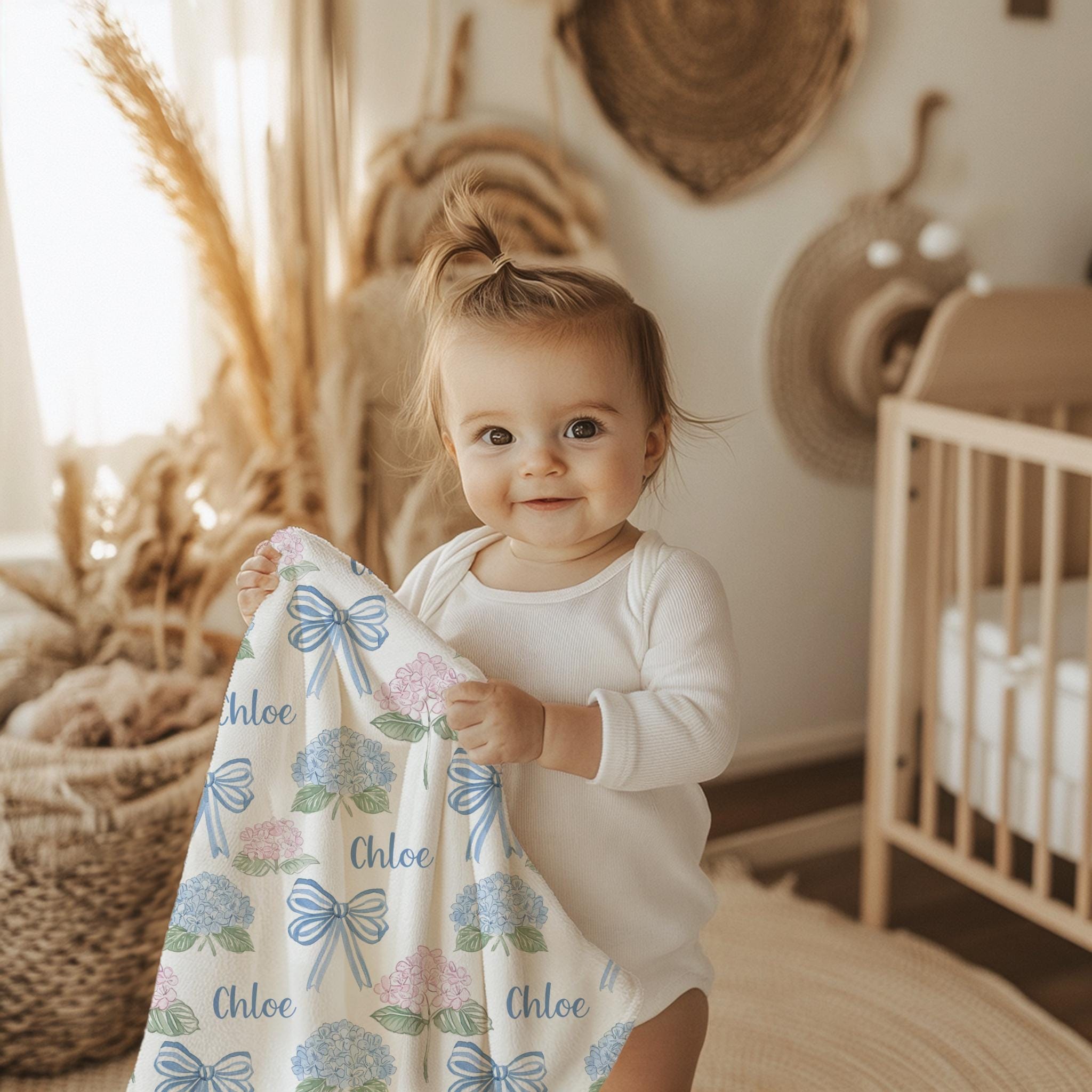 Blue Bows Personalized Swaddle Blanket, Grandmillenial Chic Pink and Blue Hydrangea Flowers, Headband, Hat, Blankets, New Baby Gift, Photos - Image 3
