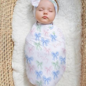 Pastel Bows Personalized Swaddle Blanket, Soft Feminine Girly, Pink Blue and Green Watercolor Bows, Headband, Hat, Blankets, New Baby Girl