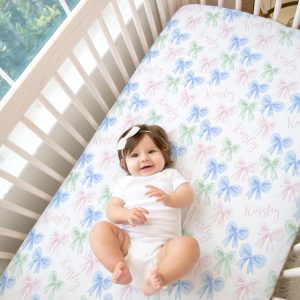 Pastel Bows Personalized Crib Sheet, Soft Feminine Girly, Pink Blue and Green Watercolor Bows, Grandmillenial Chic, Girl Nursery