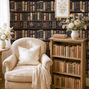 Dark Bookcase Wallpaper, Book Lover Den Library, Large Scale Peel Stick Removable, Unpasted Traditional Option, Masculine, Vintage Books