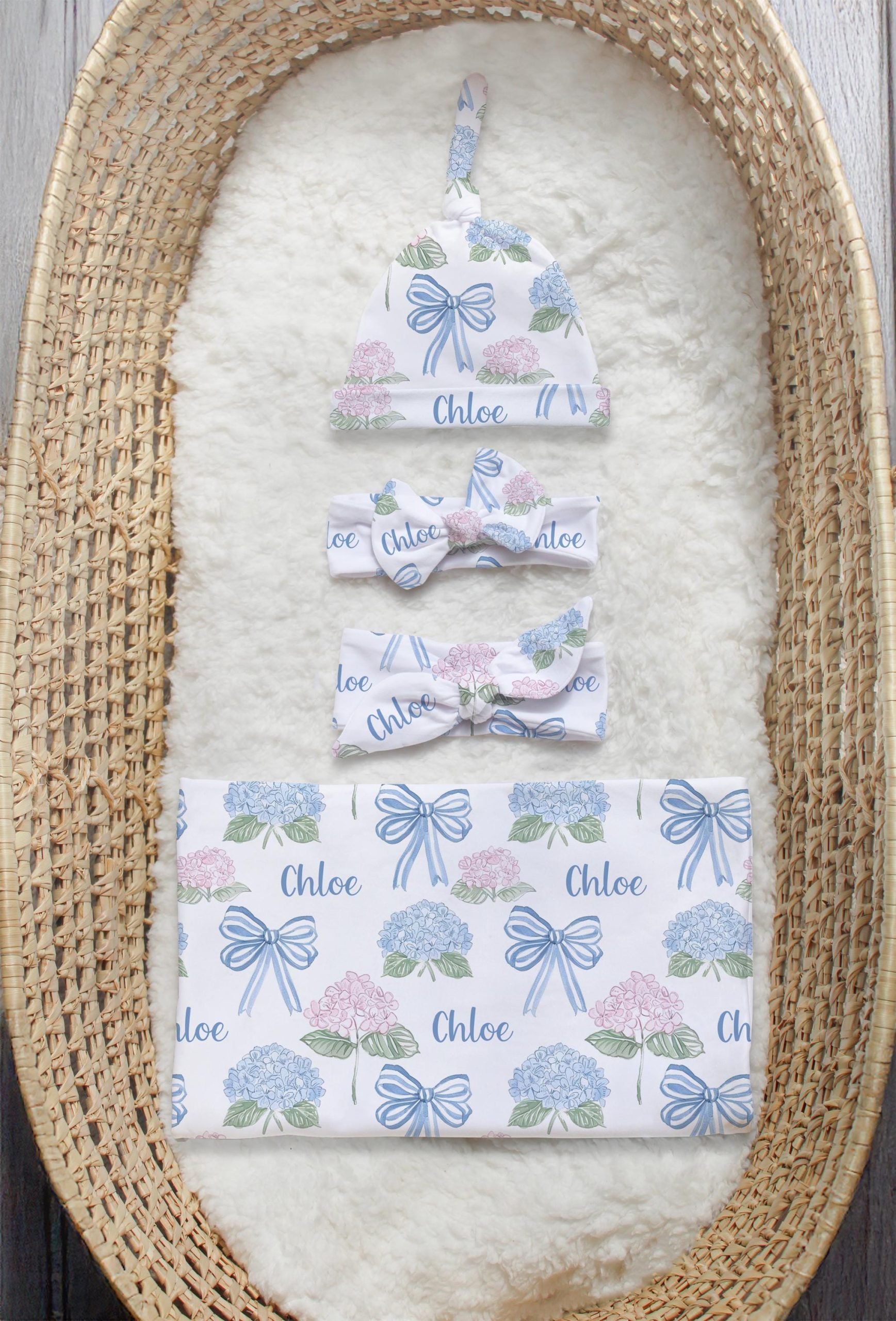 Blue Bows Personalized Swaddle Blanket, Grandmillenial Chic Pink and Blue Hydrangea Flowers, Headband, Hat, Blankets, New Baby Gift, Photos - Image 2