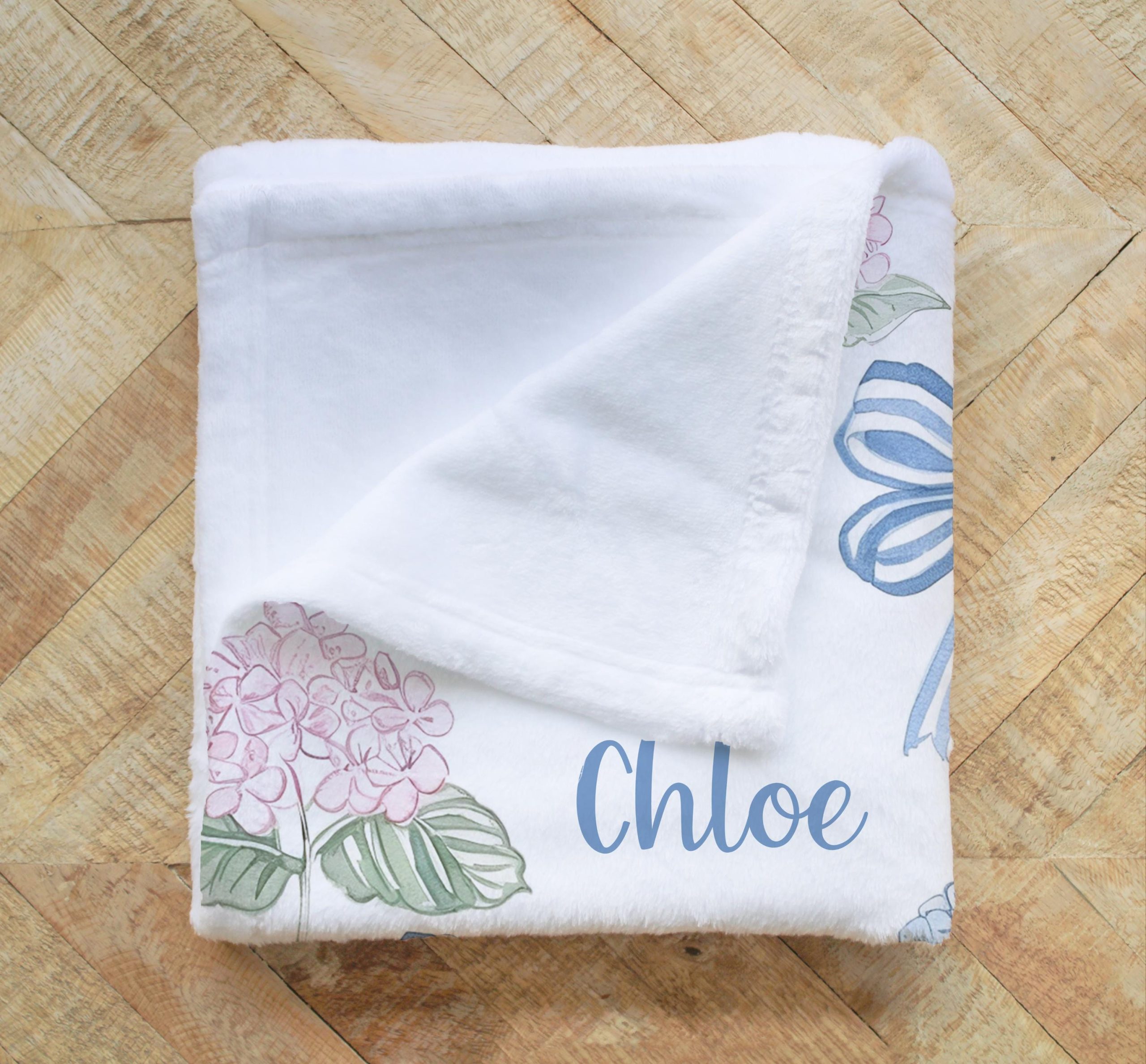 Blue Bows Personalized Swaddle Blanket, Grandmillenial Chic Pink and Blue Hydrangea Flowers, Headband, Hat, Blankets, New Baby Gift, Photos - Image 9