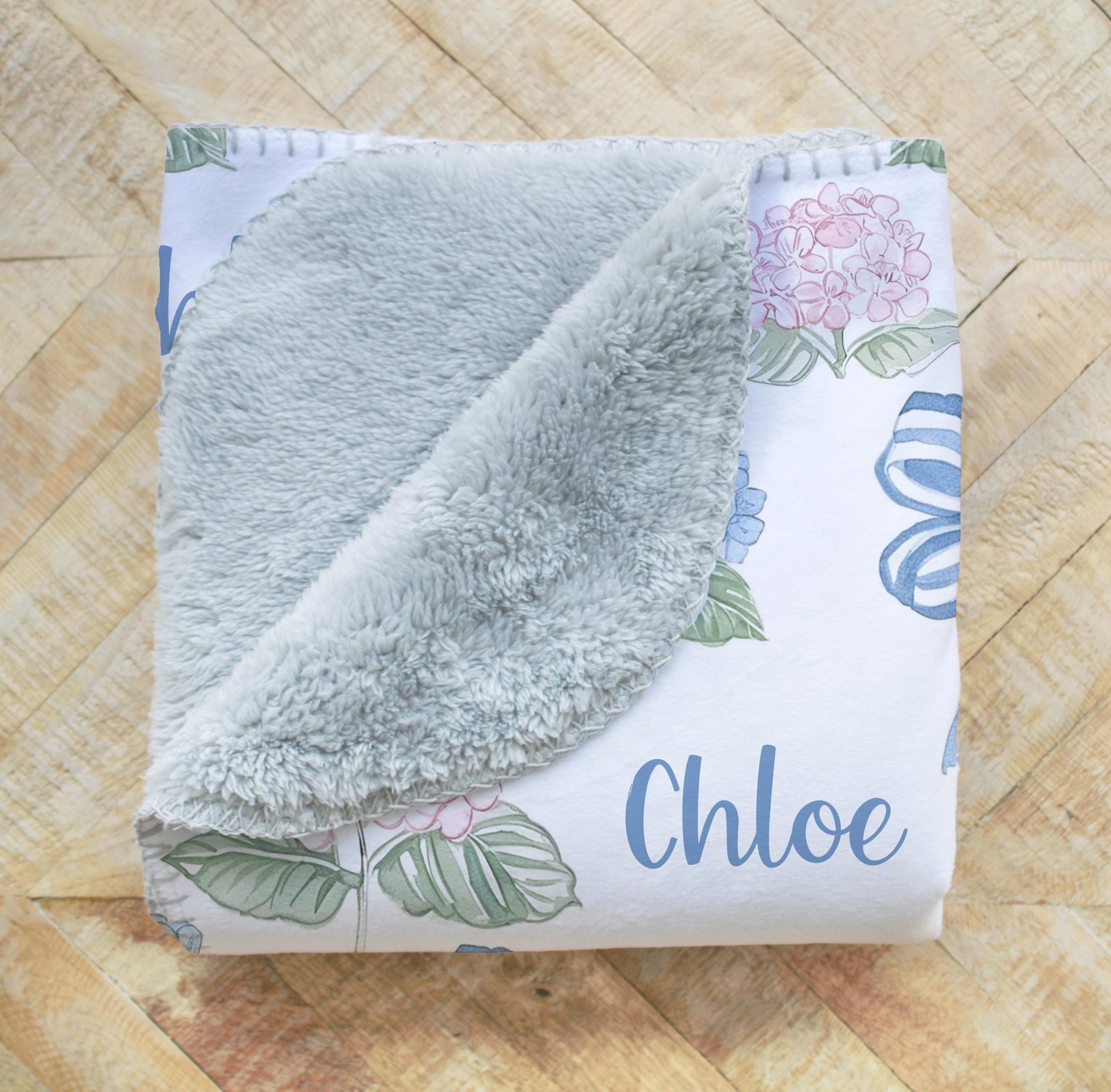 Blue Bows Personalized Swaddle Blanket, Grandmillenial Chic Pink and Blue Hydrangea Flowers, Headband, Hat, Blankets, New Baby Gift, Photos - Image 8