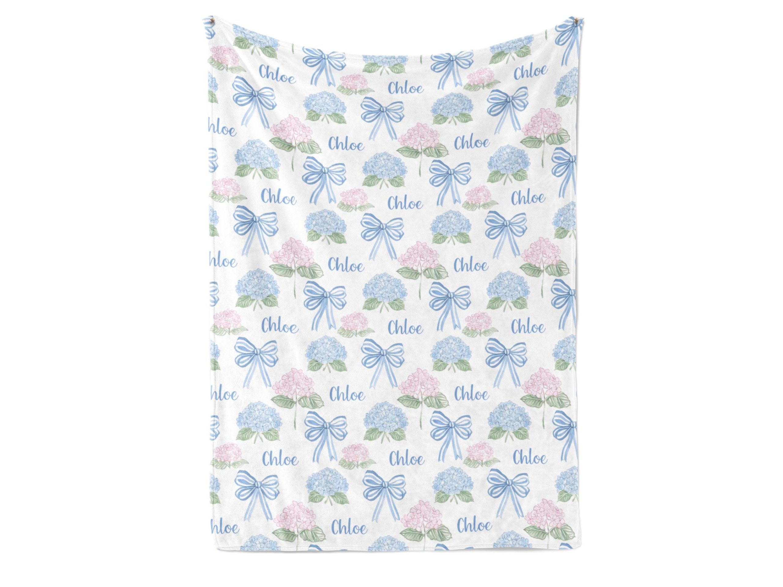 Blue Bows Personalized Swaddle Blanket, Grandmillenial Chic Pink and Blue Hydrangea Flowers, Headband, Hat, Blankets, New Baby Gift, Photos - Image 6