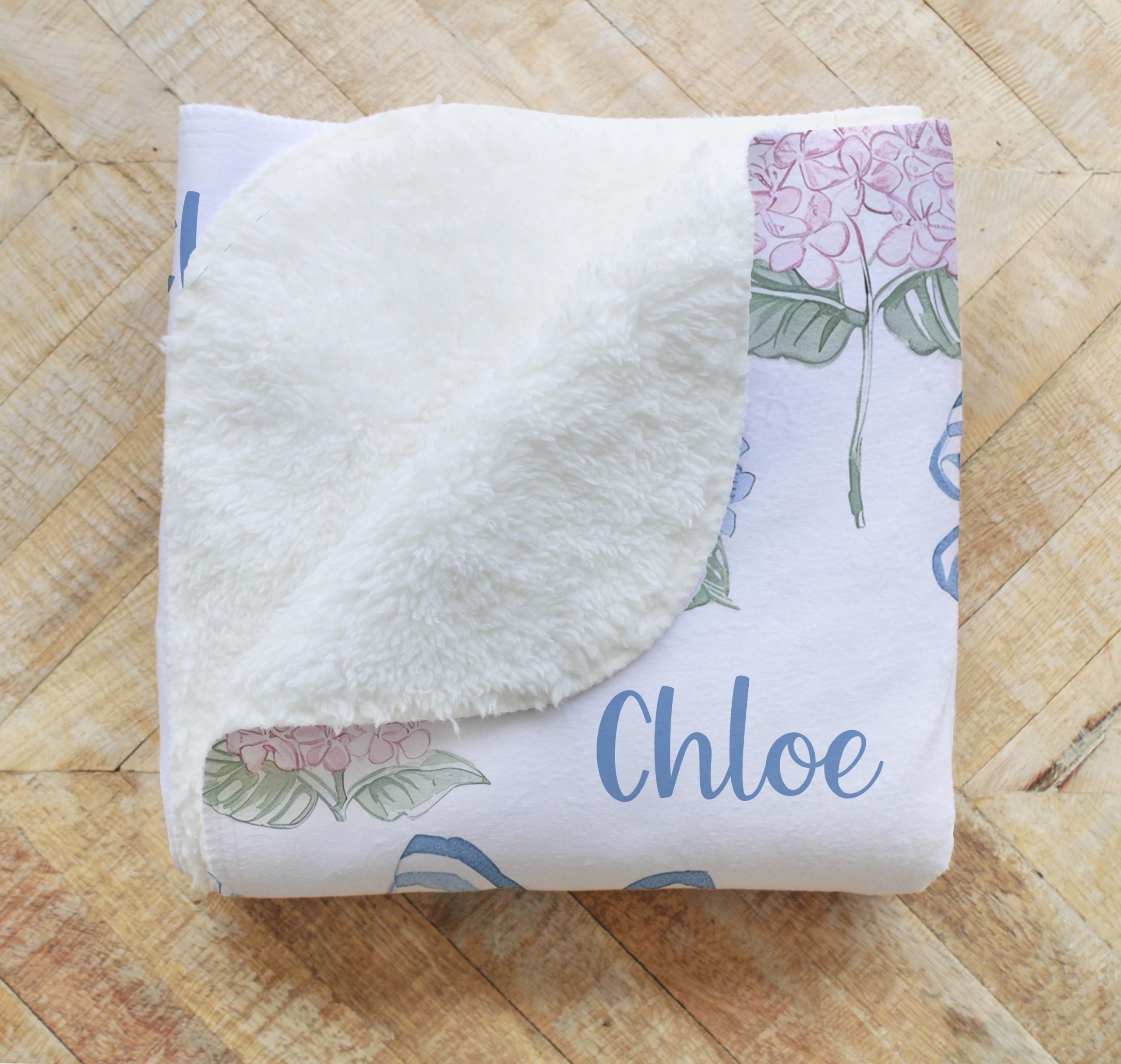 Blue Bows Personalized Swaddle Blanket, Grandmillenial Chic Pink and Blue Hydrangea Flowers, Headband, Hat, Blankets, New Baby Gift, Photos - Image 11