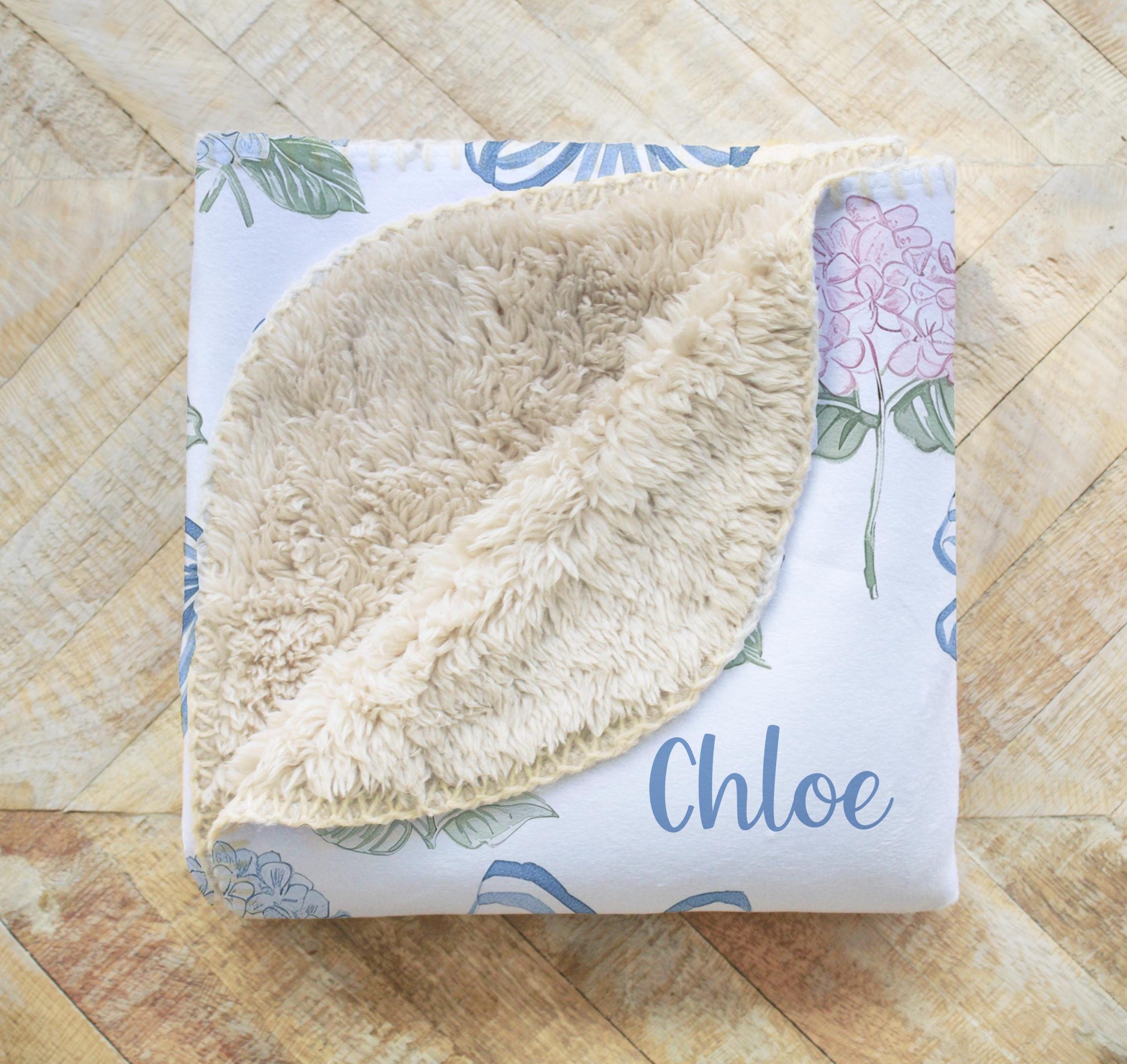 Blue Bows Personalized Swaddle Blanket, Grandmillenial Chic Pink and Blue Hydrangea Flowers, Headband, Hat, Blankets, New Baby Gift, Photos - Image 10