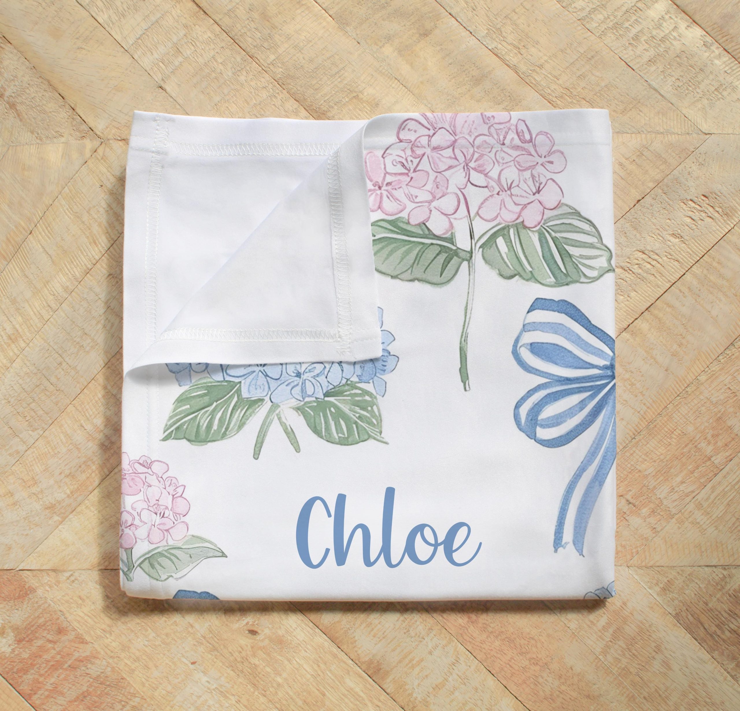 Blue Bows Personalized Swaddle Blanket, Grandmillenial Chic Pink and Blue Hydrangea Flowers, Headband, Hat, Blankets, New Baby Gift, Photos - Image 5