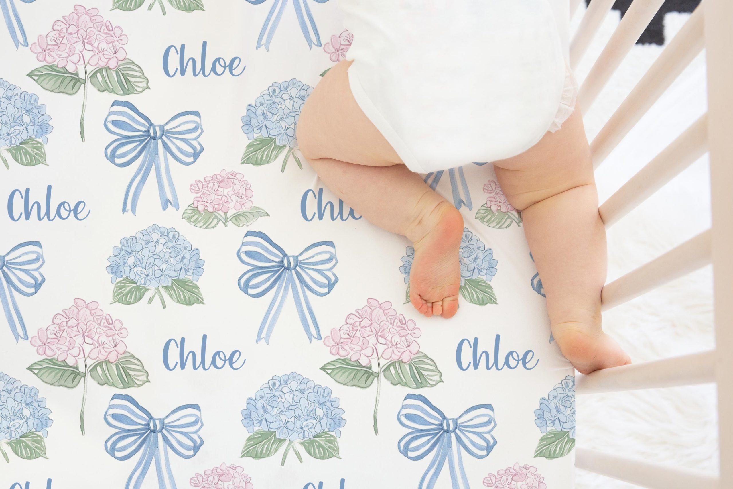 Blue Bows Personalized Crib Sheet, Grandmillenial Chic, Pink and Blue Hydrangea Flowers, Striped Bows, Girl Nursery