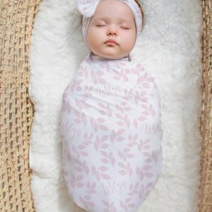 Soft Pink Leaves Personalized Swaddle Blanket, Feminine Pastel Pink Design, Headband, Hat, Blankets, Baby Girl Gift, Hospital Newborn Photos