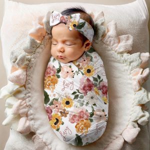Fall Muted Pink Yellow Green Floral Swaddle Blanket Headband Hat Set / Personalized Baby Shower Gift / Hospital Newborn Photos Prop / Autumn