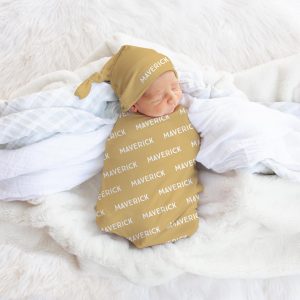 Personalized Mustard Yellow Baby Swaddle Blanket with Matching Hat or Headband, Custom Name Newborn Swaddle Set, Gender Neutral Baby Shower