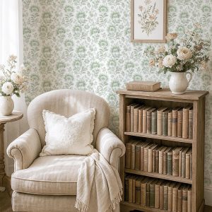 Romantic Grandmillenial Watercolor Green Floral Wallpaper