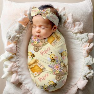Personalized Cute Floral Bee Swaddle, Minky or Sherpa Blanket