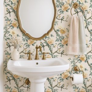 Vintage Peonies and Birds Floral Wallpaper