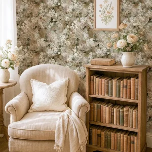 Reserved for Caroline - Vintage Wildflower Peel and Stick Wallpaper in Neutral Earth Tones with White Blossoms