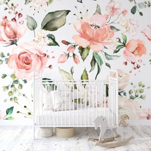Pink Peach Rose Floral Wallpaper, Peel Stick Removable, Baby Girl Nursery Decor, Large Print Mural, Traditional Prepasted Unpasted, Custom