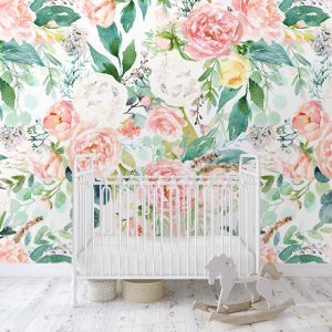 Bright Pastel Floral Wallpaper, Peel and Stick Removable, Unpasted Traditional Spring Pink Peach Green, Baby Girl Nursery Decor, Large Mural