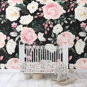 Black Watercolor Pink Rose Wallpaper / Peel and Stick Removable / Baby Girl Nursery Decor / Grace Collection