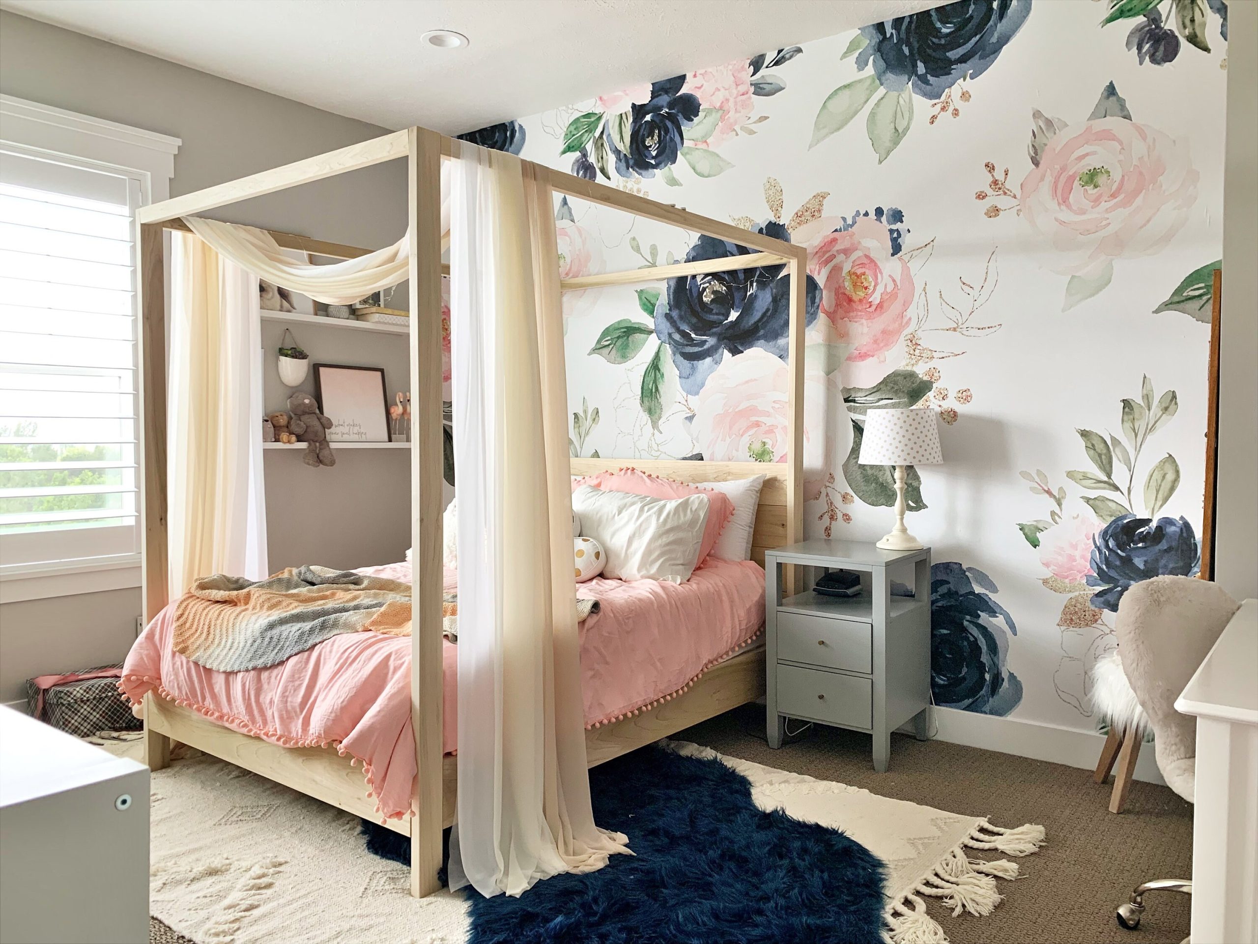 Navy Pink Peach Rose Floral Wallpaper, Peel Stick Removable or Traditional, Baby Girl Nursery Decor, Large Print Mural Bedroom Blue Flower - Image 4