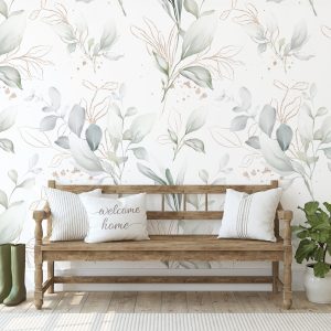 Greenery Gold Eucalyptus Wallpaper, Peel Stick Removable, Traditional Unpasted Prepasted Options, Soft Plant Green Print, Home Decor Mural