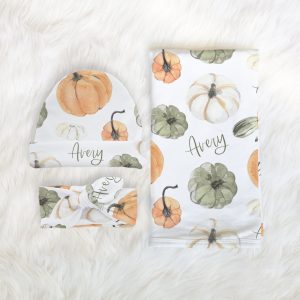 Pumpkin Blanket Personalized, Fall Halloween Thanksgiving Autumn Swaddle Set, Headband Hat Plus Minky Custom Baby Shower Gift Toddler Size