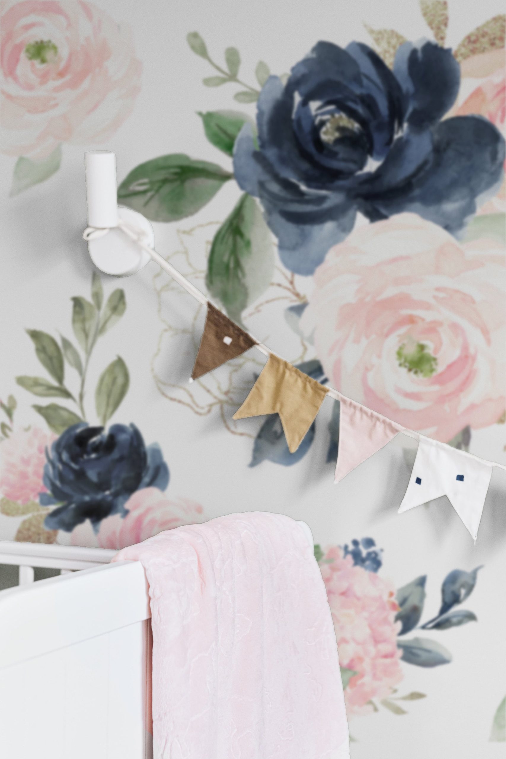 Navy Pink Peach Rose Floral Wallpaper, Peel Stick Removable or Traditional, Baby Girl Nursery Decor, Large Print Mural Bedroom Blue Flower - Image 5