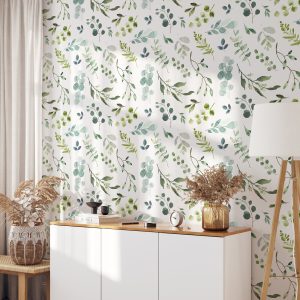 Greenery Neutral Leaf Wallpaper / Peel and Stick Removable / Baby Nursery Decor / Blue Green Colors Boho / Olive Succulent Collection
