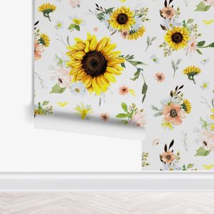 Sunflower Daisy Floral Wallpaper, Peel Stick Removable, Unpasted Traditional Option, Baby Girl Nursery Decor, Pink Yellow Peach Boho Floral
