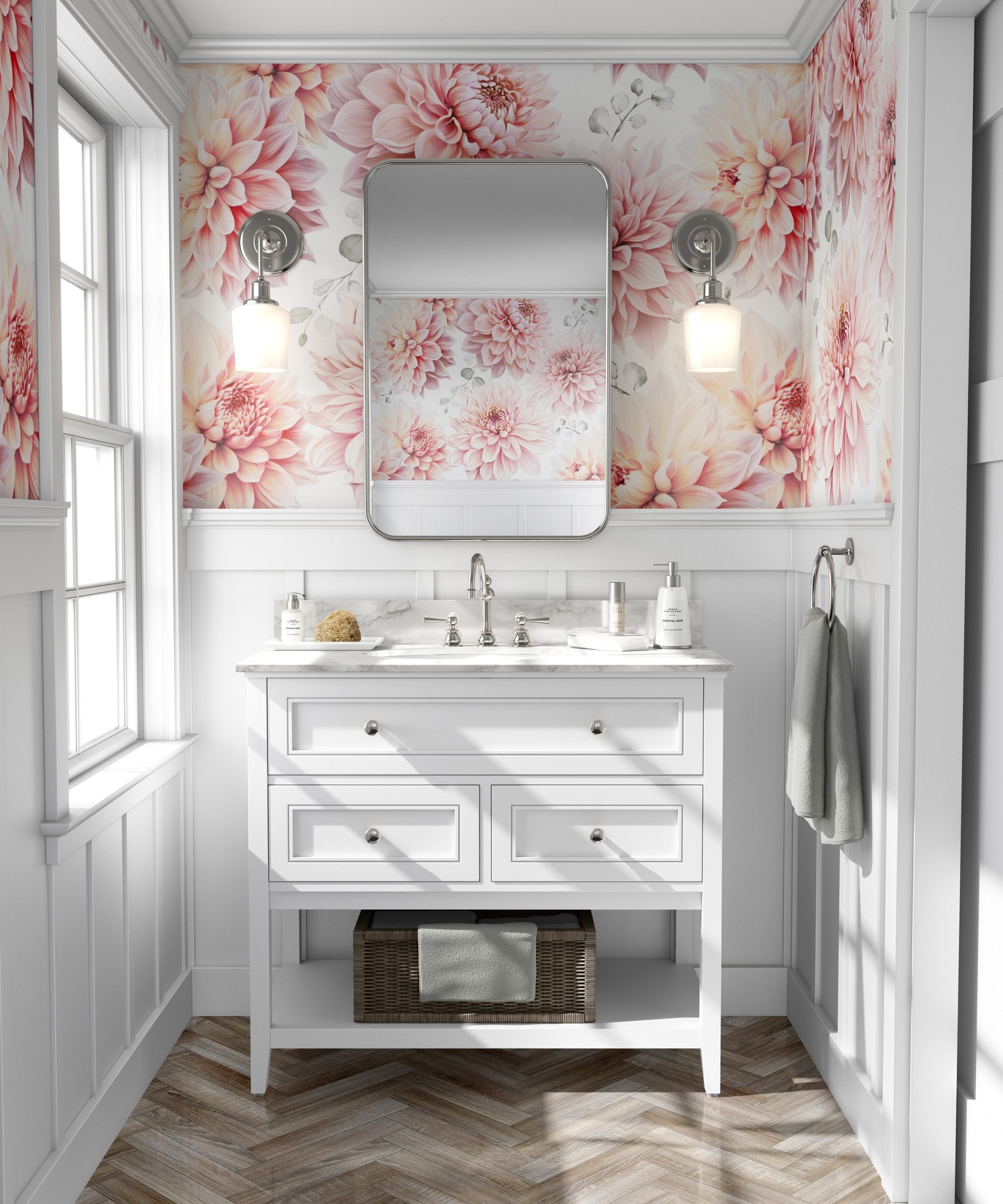 Pink Dahlia Floral Wallpaper, Flowers & Eucalyptus, Peel and Stick Removable or Traditional, Large Scale Mural, Gift for Girls Room