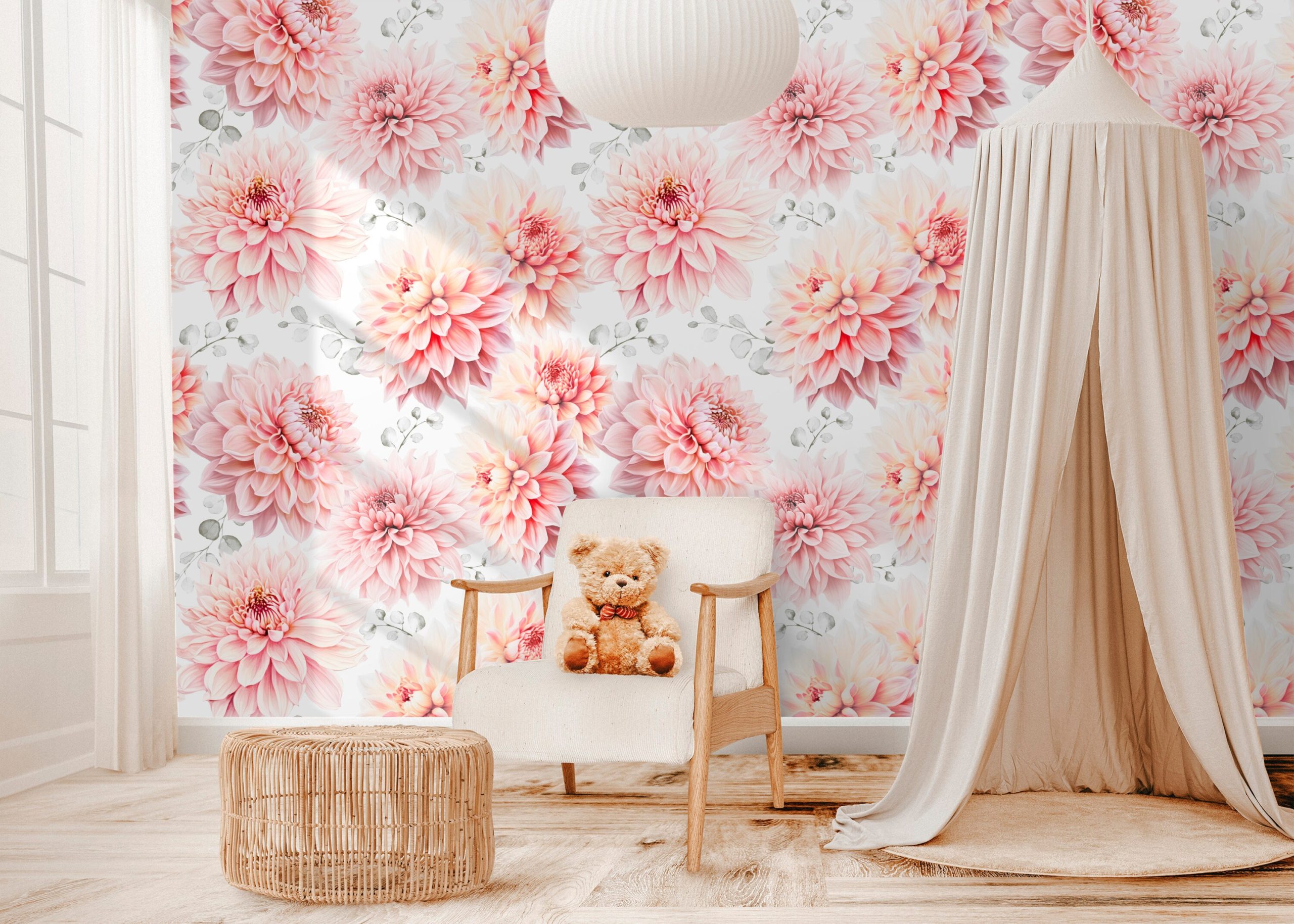 Pink Dahlia Floral Wallpaper, Flowers & Eucalyptus, Peel and Stick Removable or Traditional, Large Scale Mural, Gift for Girls Room - Image 2